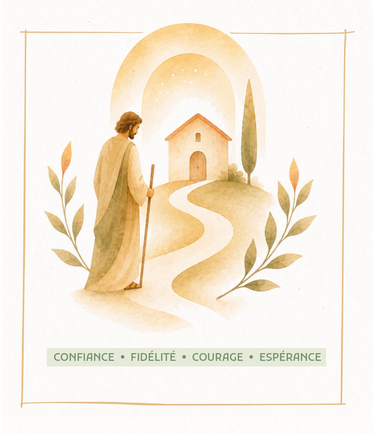 Illustration aquarelle de saint Joseph marchant sur un chemin menant à une maison